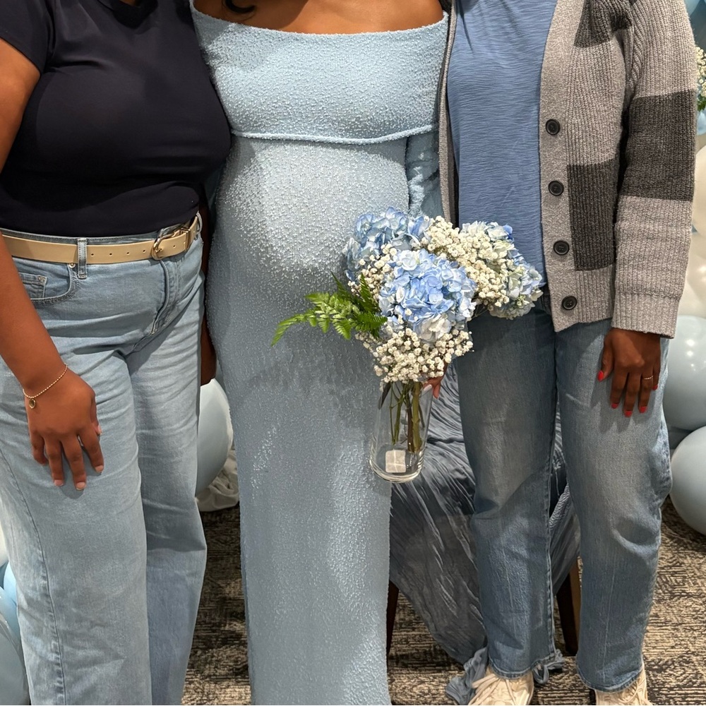 Light Blue Off-Shoulder Maxi Dress Baby Shower Maternity Photoshoot